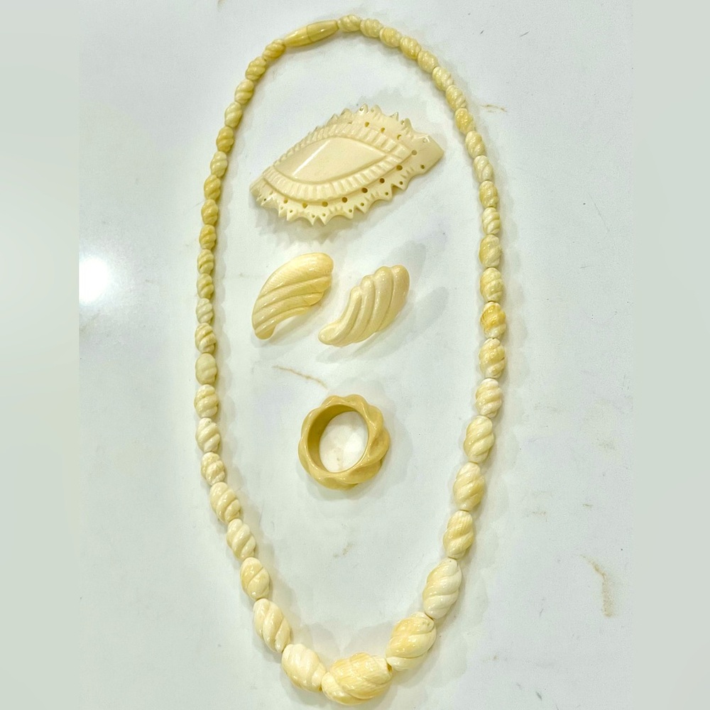 Vintage ivory necklace, earrings, ring, brooch set